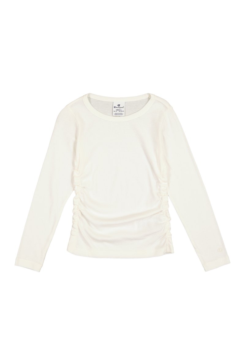 Maglia a maniche lunghe leggera in morbido tessuto crema con cuciture laterali arricciate e colletto a girocollo. Presenta un logo discreto su una manica.