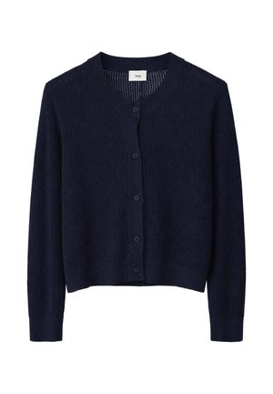 Cardigan à manches longues en tricot bleu marine avec encolure ronde, devant boutonné, et poignets et ourlet côtelés.