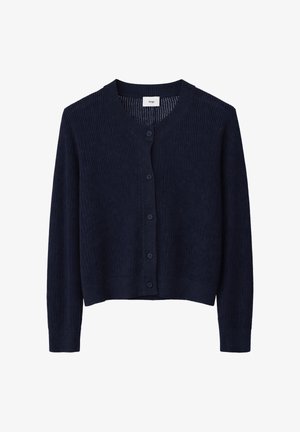 Cardigan à manches longues en tricot bleu marine avec encolure ronde, devant boutonné, et poignets et ourlet côtelés.