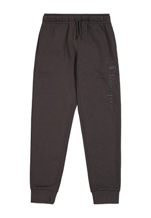 Pantaloni da tuta grigio scuro realizzati in tessuto morbido, con vita elastica e cordino, e un logo ricamato ben visibile di lato.