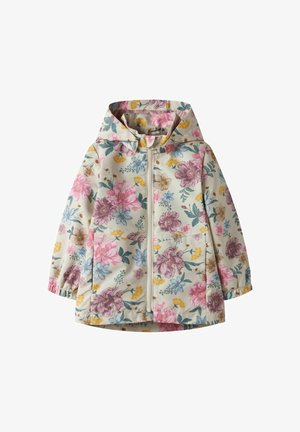 Chaqueta con capucha para niños, con cremallera frontal, puños elásticos y estampado floral multicolor sobre un fondo crema.