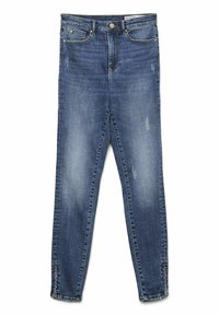 Jean en denim bleu avec une coupe slim, présentant un délavage, des détails usés, cinq poches et une fermeture éclair.