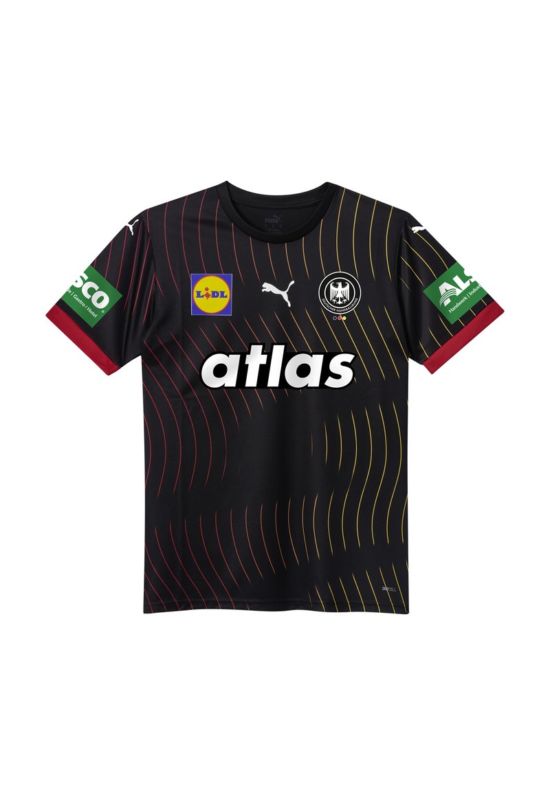 Zwarte sporttrui met rode en gele golvende lijnen, met logo's op de borst en mouwen. Gemaakt van lichte stof, met korte mouwen.