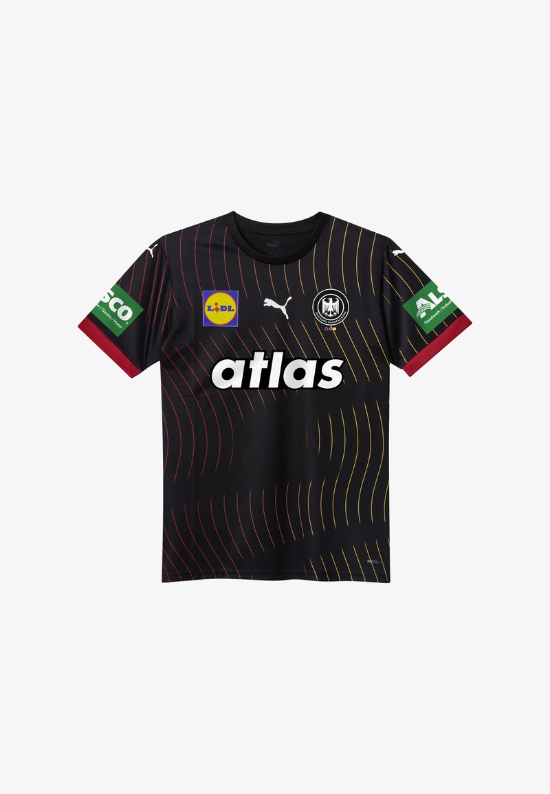 Mustmust mustrikot mustmust mustmust, mille on punased ja kollased lainelised mustrid, rindadel ja varrukatel logod. Valmistatud kergest kangast, lühikeste varrukatega.