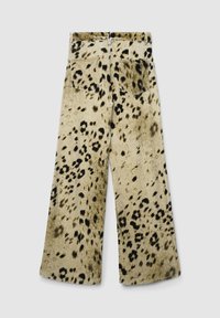 Weite beige Cordhosen mit Leopardenmuster, ausgestattet mit zwei Gesäßtaschen und einem Reißverschluss.
