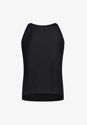 Top nero senza maniche con collo alto e orlo leggermente curvo, mostrato su sfondo bianco uniforme.