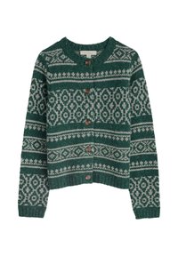 Zöld kötött kardigán fehér geometriai mintákkal, kerek nyakkivágással és öt barna gombbal az elején.