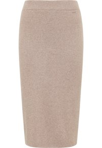 Beige Bleistiftrock aus Strick mit geripptem Muster, dehnbarem Bund und knielangem Design. Geeignet für verschiedene Styling-Optionen.