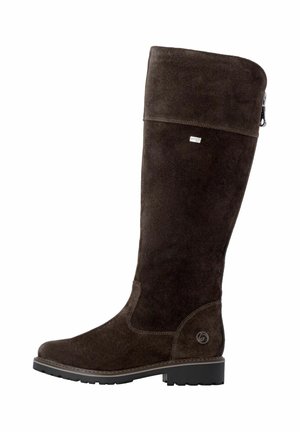 Dark brown suede knee-high boot with low block heel, round toe, side zipper, and small branded metal logo near the ankle.
