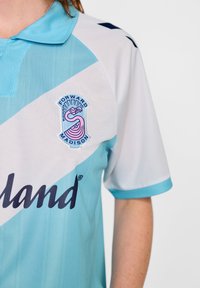 Ljusblå fotbollsjersey med vita diagonala ränder, med ett märke som har en flamingo och texten "Forward Madison." Mjuk och andningsbar tyg.