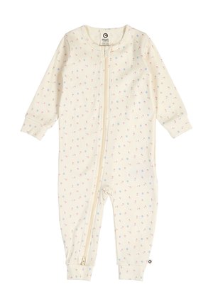 Baby romper in crèmekleur met lange mouwen, kleine roze en blauwe bloemenpatronen en een rits vooraan van nek tot enkel.