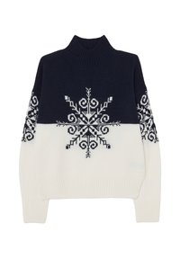 Pull en tricot à col montant, avec une partie supérieure bleu marine et une partie inférieure blanche, orné d'un grand motif de flocon de neige.