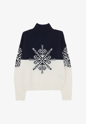 Maglione lavorato a maglia con collo alto, caratterizzato da una sezione superiore blu navy e una inferiore bianca, decorato con un grande motivo a fiocco di neve.