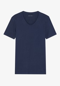 Navy blue V-neck T-shirt made of soft fabric, featuring short sleeves and a clean, minimalist design with a smooth texture.
