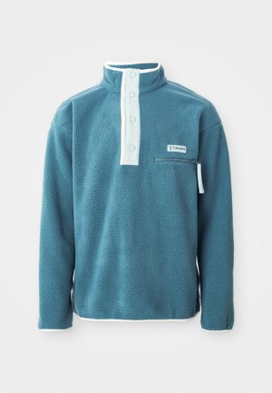 Teal fleece pullover with a tall collar, four-button front, and a zippered chest pocket. Features white trim along collar and sleeves.