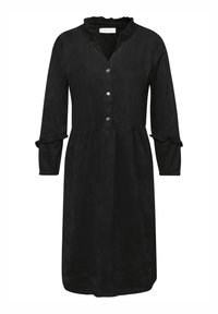 Schwarzes Kleid aus einem weichen, wildlederähnlichen Material. Verfügt über einen gekräuselten Kragen, eine Knopfleiste vorne und dreiviertellange Ärmel mit gerafften Manschetten.