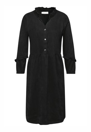 Robe noire en matière douce type daim. Elle présente un col à volants, une fermeture à boutons sur le devant et des manches trois-quarts avec des poignets à volants.