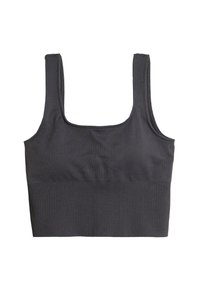 Mørk grå ribbet crop top med brede stropper og firkantet utringning, med en sømløs design og strukturert stoff.