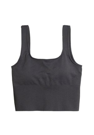 Tamno sivi rebrasti crop top s širokim trakama i kvadratnim dekolteom, koji se odlikuje besprijekornim dizajnom i teksturiranom tkaninom.