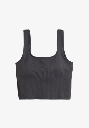 Tamno sivi rebrasti crop top s širokim trakama i kvadratnim dekolteom, koji se odlikuje besprijekornim dizajnom i teksturiranom tkaninom.