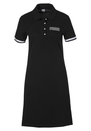 Robe polo noire à manches courtes avec patte de boutonnage blanche, poignets à rayures blanches et logo Puma blanc sur la poitrine gauche.