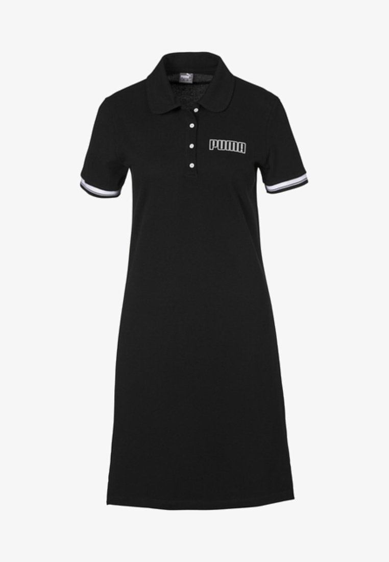 Robe polo noire à manches courtes avec patte de boutonnage blanche, poignets à rayures blanches et logo Puma blanc sur la poitrine gauche.