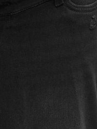 Gros plan sur un jean en denim noir montrant la ceinture, un passants de ceinture et une petite déchirure intentionnelle près de la poche.