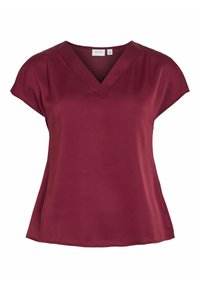 Top bordeaux a V in tessuto morbido. Caratterizzato da maniche corte e una vestibilità comoda con orlo dritto. Design semplice ed elegante.