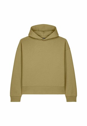 Felpa con cappuccio verde oliva, maniche lunghe, polsini a coste e orlo dritto, mostrata su uno sfondo bianco.