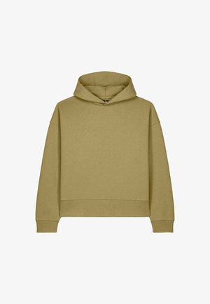 Sweat à capuche vert olive à manches longues, avec poignets côtelés et ourlet droit, présenté sur un fond blanc.