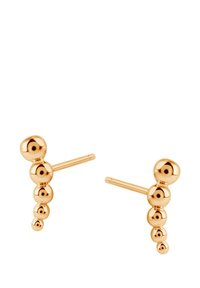 Złote kolczyki na styk z liniowym wzorem składającym się z pięciu stopniowo rosnących kulistych koralików, o polerowanej powierzchni i prostych zapięciach na sztyfty.