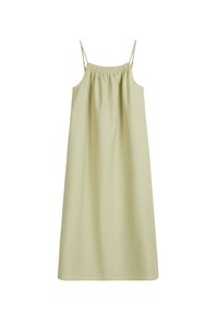 Hellgrünes Kleid mit Spaghetti-Trägern, gerafftem Ausschnitt und lockerer Passform. Hergestellt aus weichem Material, mit glatter Textur und minimalistischem Design.