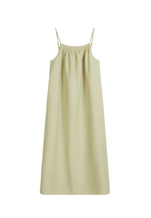 Light green dress with spaghetti straps, gathered neckline, and a loose fit. Made from soft material, featuring smooth texture and minimal design.