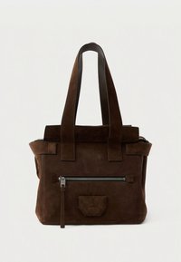 Brown suede tote bag with two fabric handles, zippered front pocket, and flat base for stability. Features a minimalist design with no visible logos.
