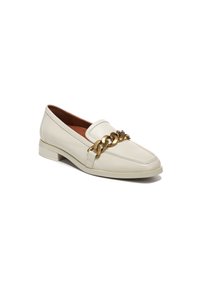 Cream leather loafer with a gold chain accent, square toe, low block heel, and smooth texture. Features a slip-on design for easy wear.