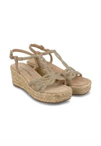 Beige wedge sandals with a jute rope sole, embellished with a decorative, beaded strap design and an adjustable ankle buckle.