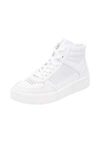 Baskets montantes en cuir blanc avec panneaux latéraux perforés, bout rond, col rembourré et semelle en caoutchouc texturée.