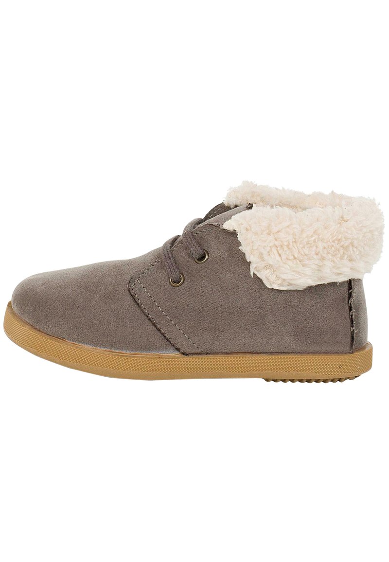 Brown suede ankle boot with a cream faux fur collar, round toe, and tan rubber sole. Features two eyelets with gray laces for secure fit.