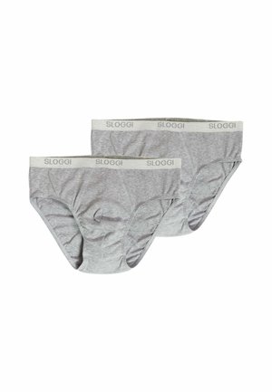 Due slip grigi in cotone con elastici bianchi in vita con marchio "SLOGGI" in lettere grigio chiaro.