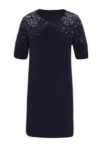 Rochie tricotată bleu închis, cu mâneci scurte, având un design cu paiete embellisate pe umeri și o croială lejeră. Textură netedă.