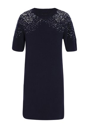 Abito lavorato a maglia blu scuro con maniche corte, caratterizzato da un design di paillettes decorate sulle spalle e una vestibilità comoda. Texture liscia.