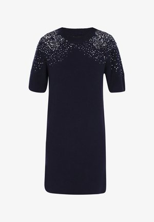 Vestido de punto azul oscuro con mangas cortas, que presenta un diseño de lentejuelas decorativas en los hombros y un corte holgado. Textura suave.