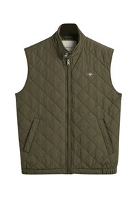 Olive green quilted vest with a high collar, front zipper, and two side pockets. Features a small logo on the chest and horizontal texture.