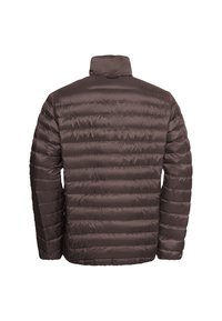 Brown puffer jacket with a quilted pattern, high collar, and long sleeves. Smooth texture, lightweight design, suitable for cooler weather.