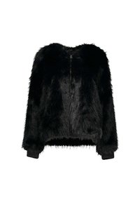 Giacca in finta pelliccia nera con zip frontale, silhouette corta, maniche lunghe e polsini a costine. Texture morbida con finitura soffice.