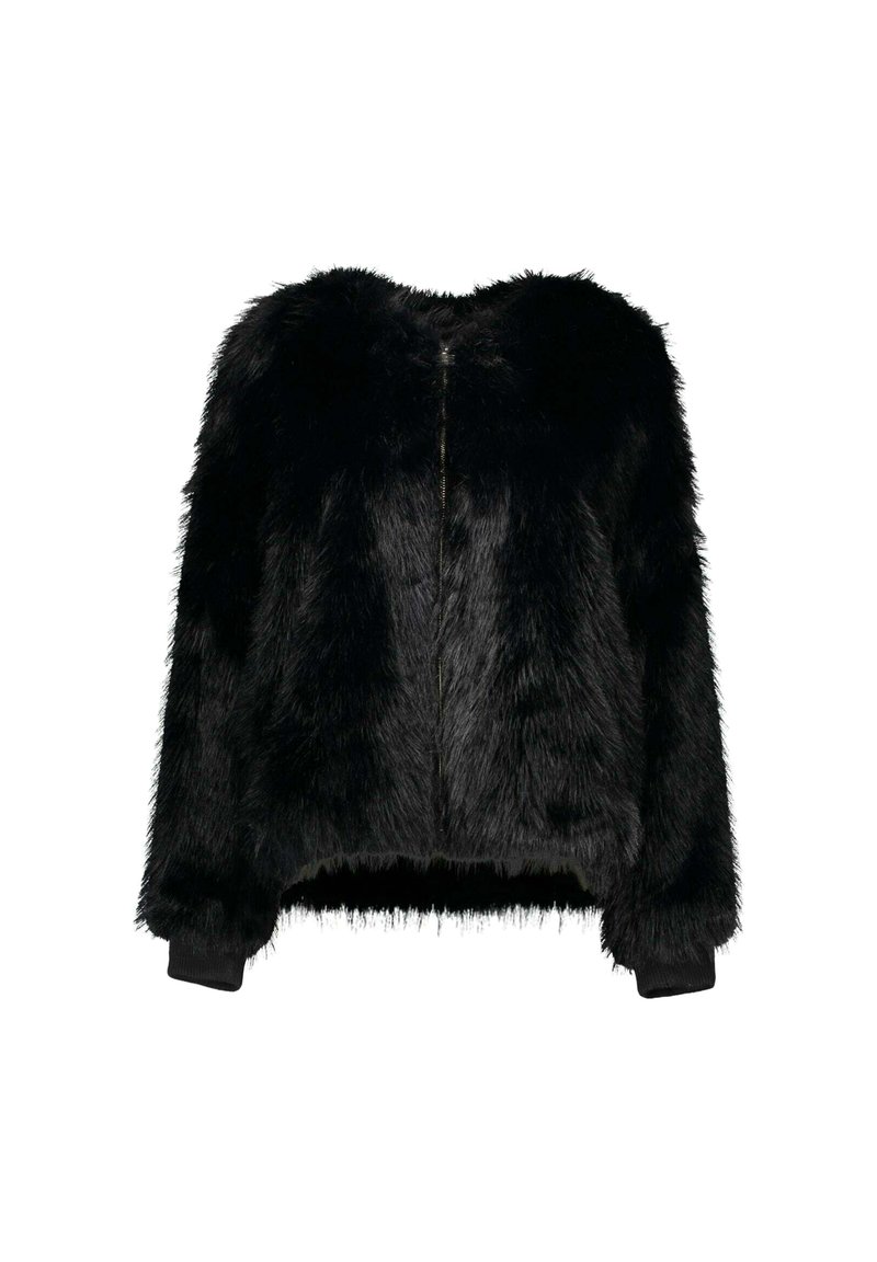 Giacca in finta pelliccia nera con zip frontale, silhouette corta, maniche lunghe e polsini a costine. Texture morbida con finitura soffice.