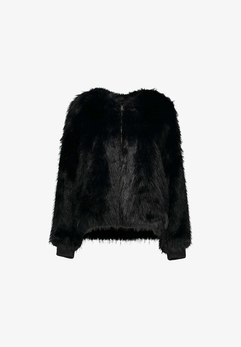Giacca in finta pelliccia nera con zip frontale, silhouette corta, maniche lunghe e polsini a costine. Texture morbida con finitura soffice.
