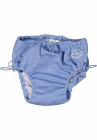 Ljusblå simblöja med elastisk midja, justerbara sidoremmar och mjukt innerfoder; tillverkad av andningsbart, snabbtorkande material.