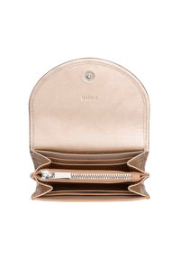 Portafoglio metallic beige con pattina arrotondata, chiusura a scatto, slot per molteplici carte e scomparto centrale con zip per le monete.