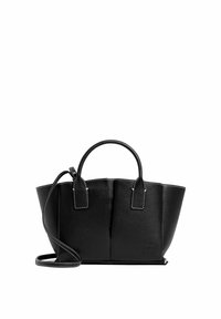 Borsa tote in pelle nera con due manici corti, una tracolla removibile e cuciture bianche a contrasto. Presenta una forma strutturata e quadrata.